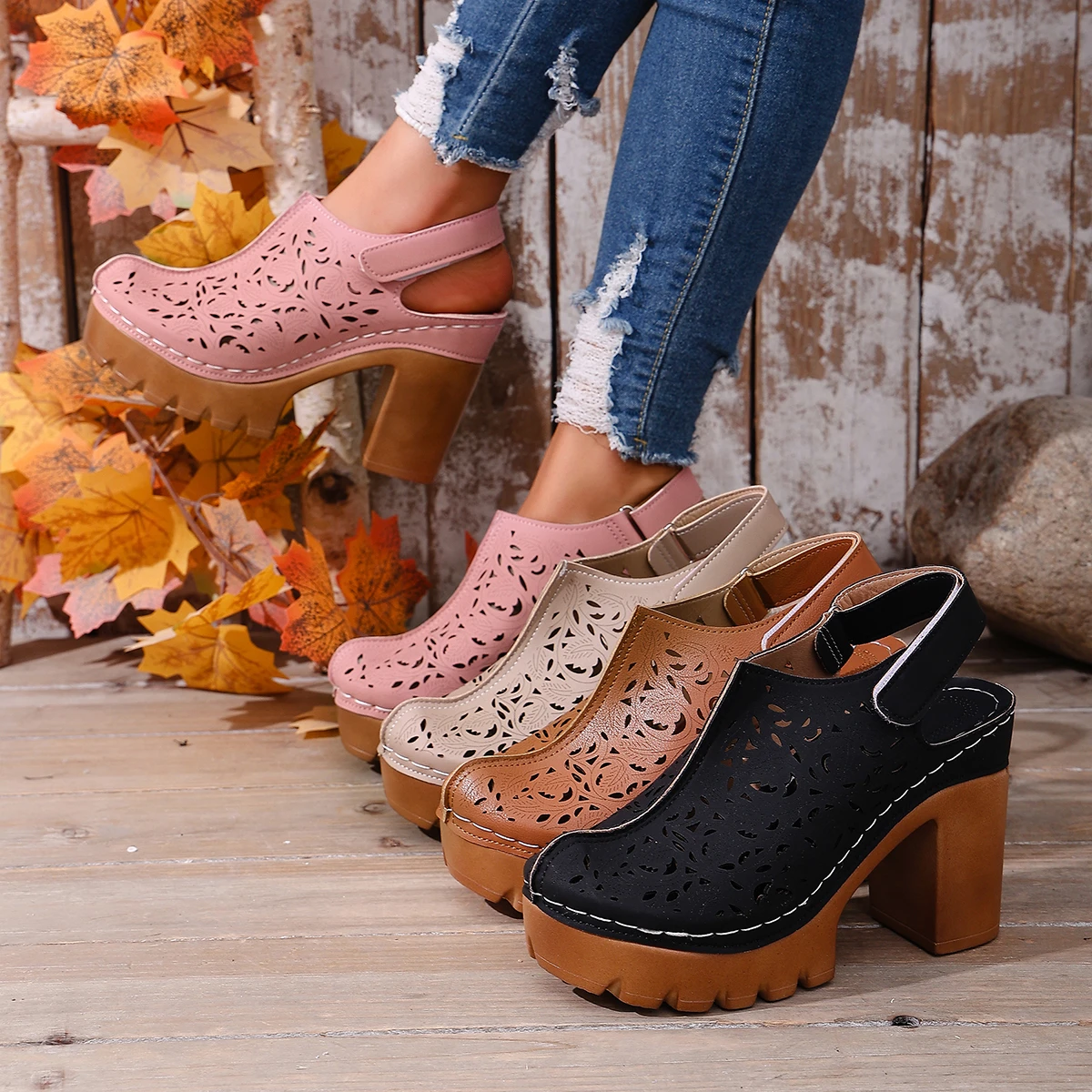 

Large Size Women Thick Heel Sandals Hollow Breathable Toe-cap Shoes for Women Summer New Roman Style Shoes Trend Leather Sandals