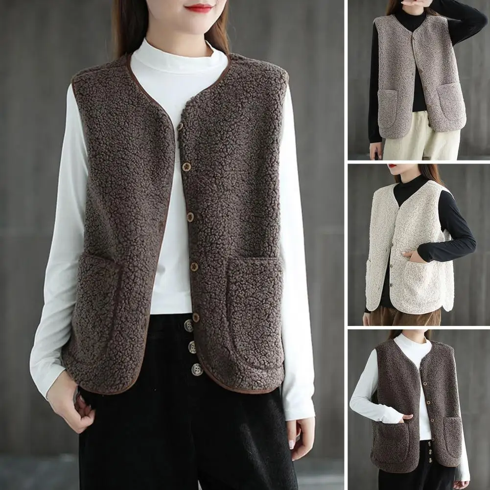 Grained Plush Vest Coat Stylish V Neck Fleece Vest Coat for Women with Double Pockets Cardigan for Wear Office Outfits Fall