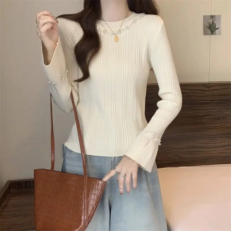 フレアスリーブニットセーター女性用ビーズスエーターデムヘール美的魅力的な Y2k ヴィンテージトップライトレッド女性プルオーバー