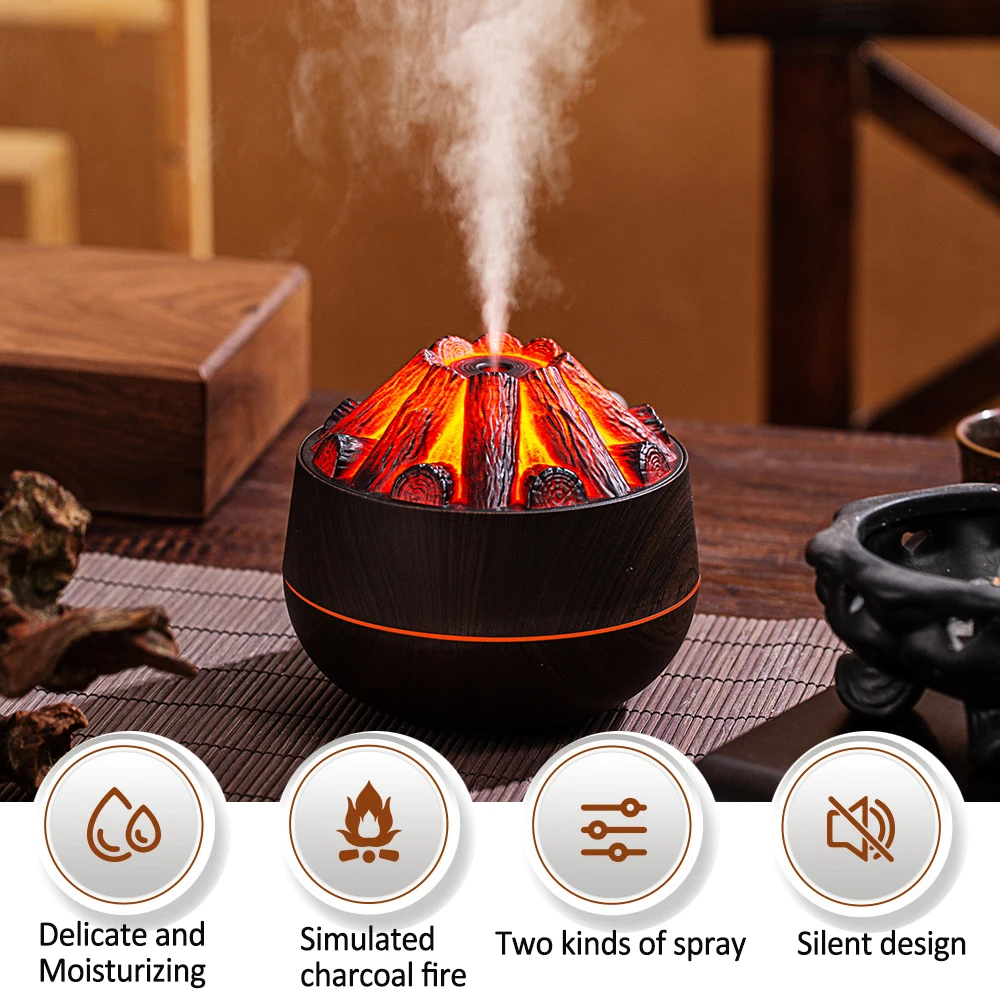 Charcoal Flame Humidifier, Aromatherapy Essential Oil Diffuser, 300ml Mist Ultrasonic Humidifier for Bedroom,Office Night Light