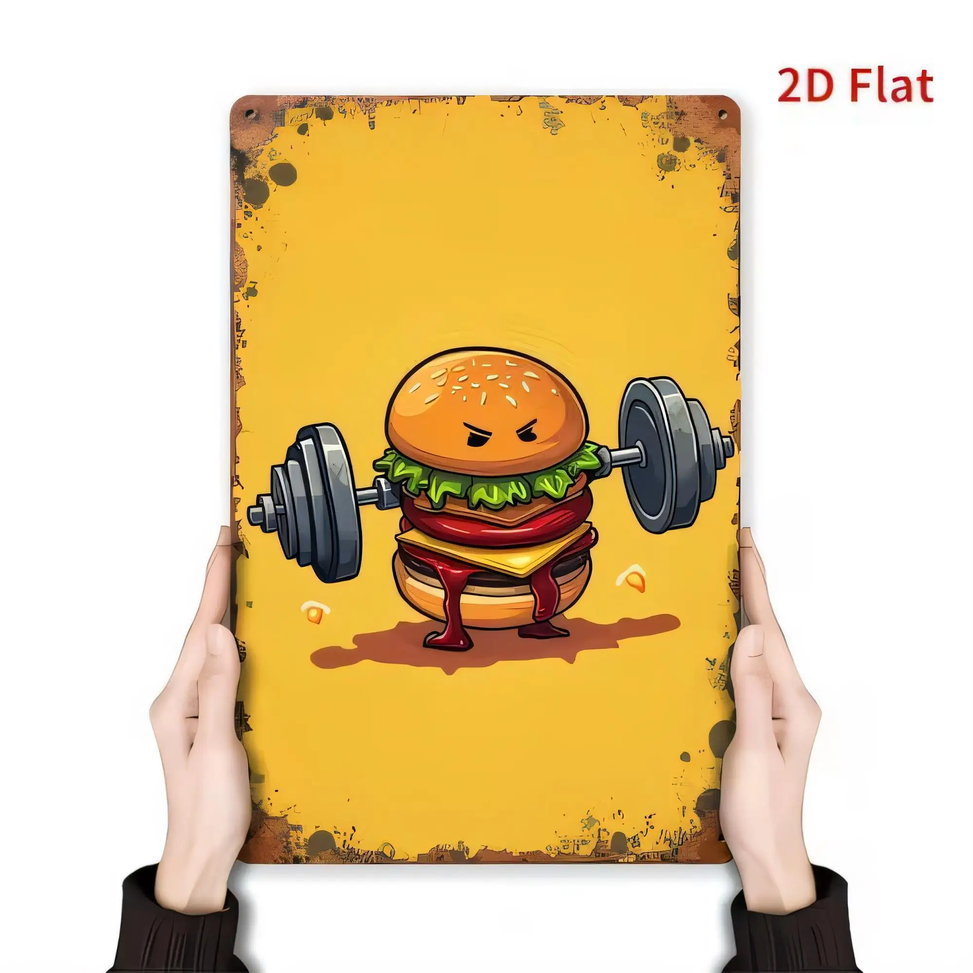 Tin Sign 2D Flat Cartoon Burger Building Bodybuilder Poster Funny Gym Wall Decor Vintage Metal Plate   Rustproof Wall Hanging fo