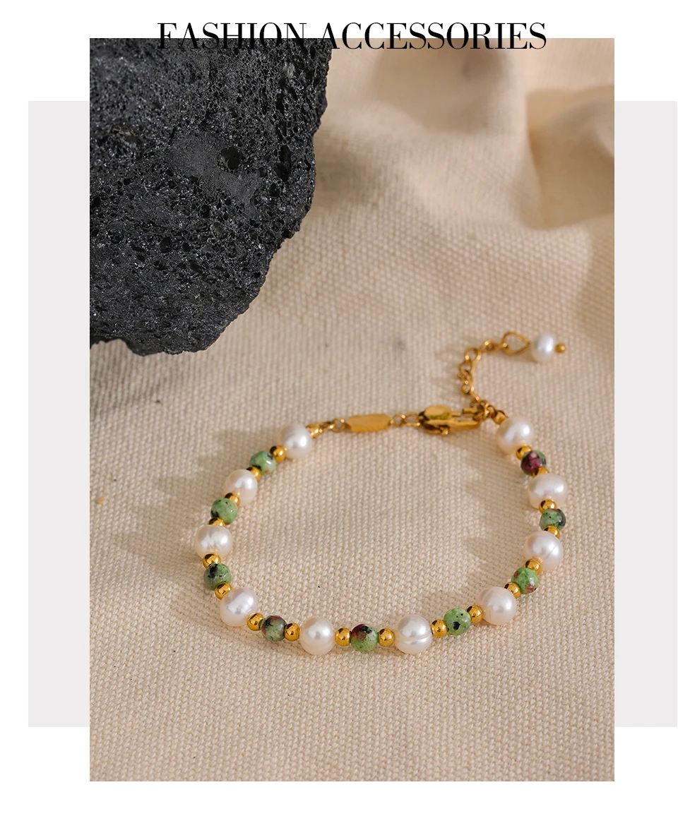 Yhpup Naturstein Süßwasserperlen Mode handgefertigt Edelstahl Charm Schmuck Armband Armreif für Frauen Geschenk wasserdicht – Detail 3