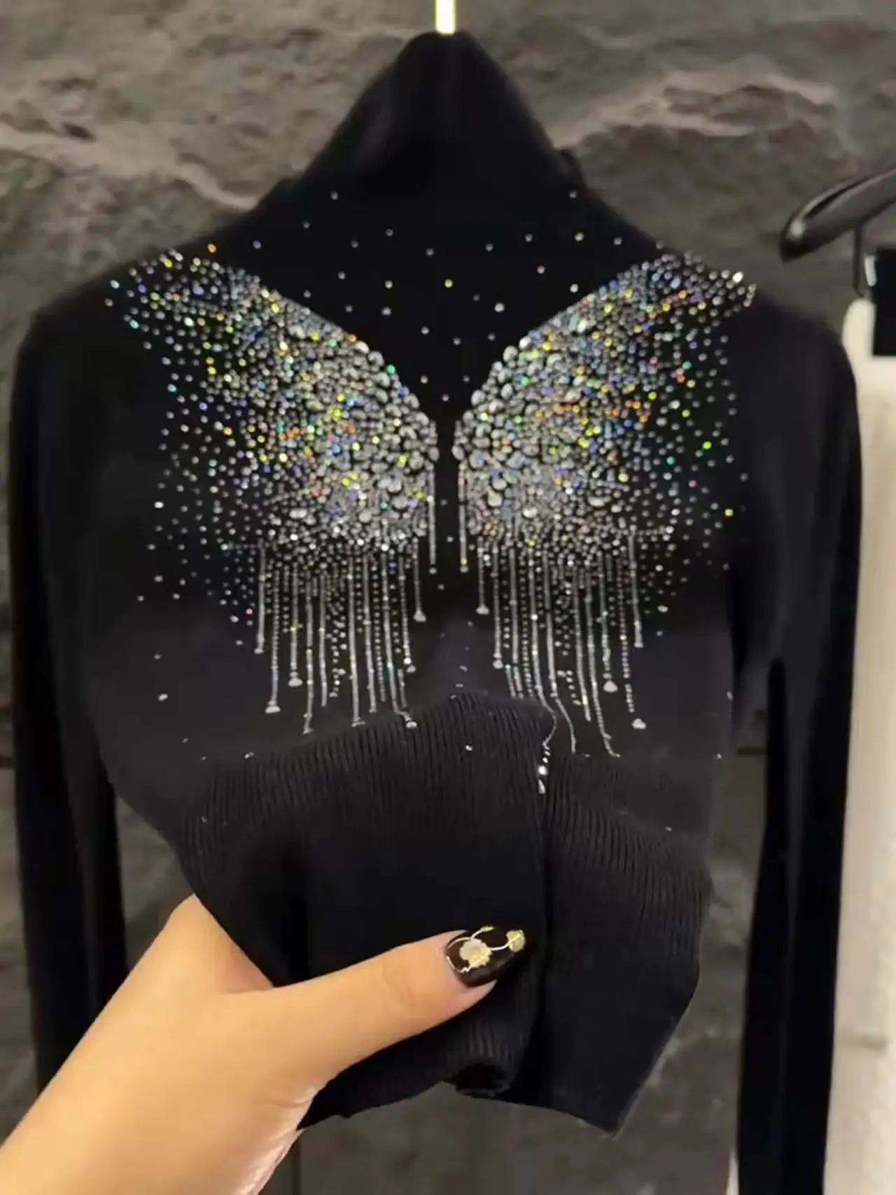 

Luxury Diamonds Hot Drilling Turtleneck White Black Sweater for Women Autumn/Winter Knitwear Pullovers Tops Femme Clothing