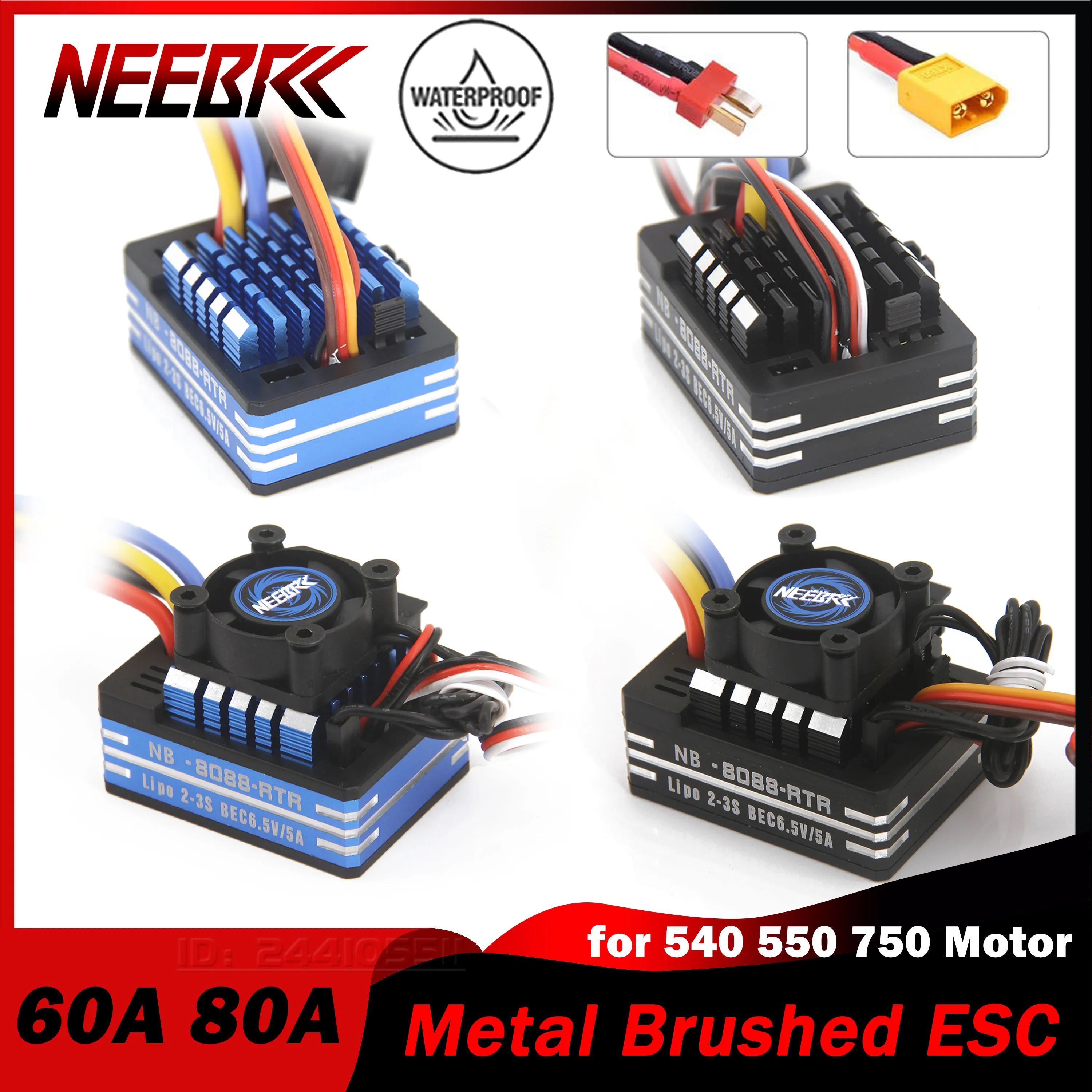 

NEEBRC Waterproof 60A 80A Metal Brushed ESC 2-3S BEC 25mm RC Cooling Fan Heatsink for 540 550 750 Motor Vehicles Boat Tank Car