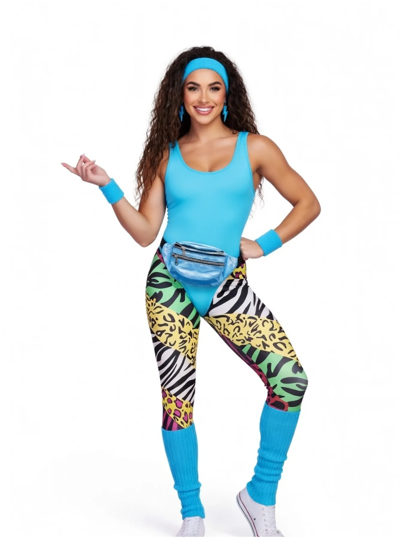 80s Neon Workout Costume Set - Animal Print Leggings + Bright Leotard with Headband, Wristbands, Leg Warmers & Fanny Pack view 5
