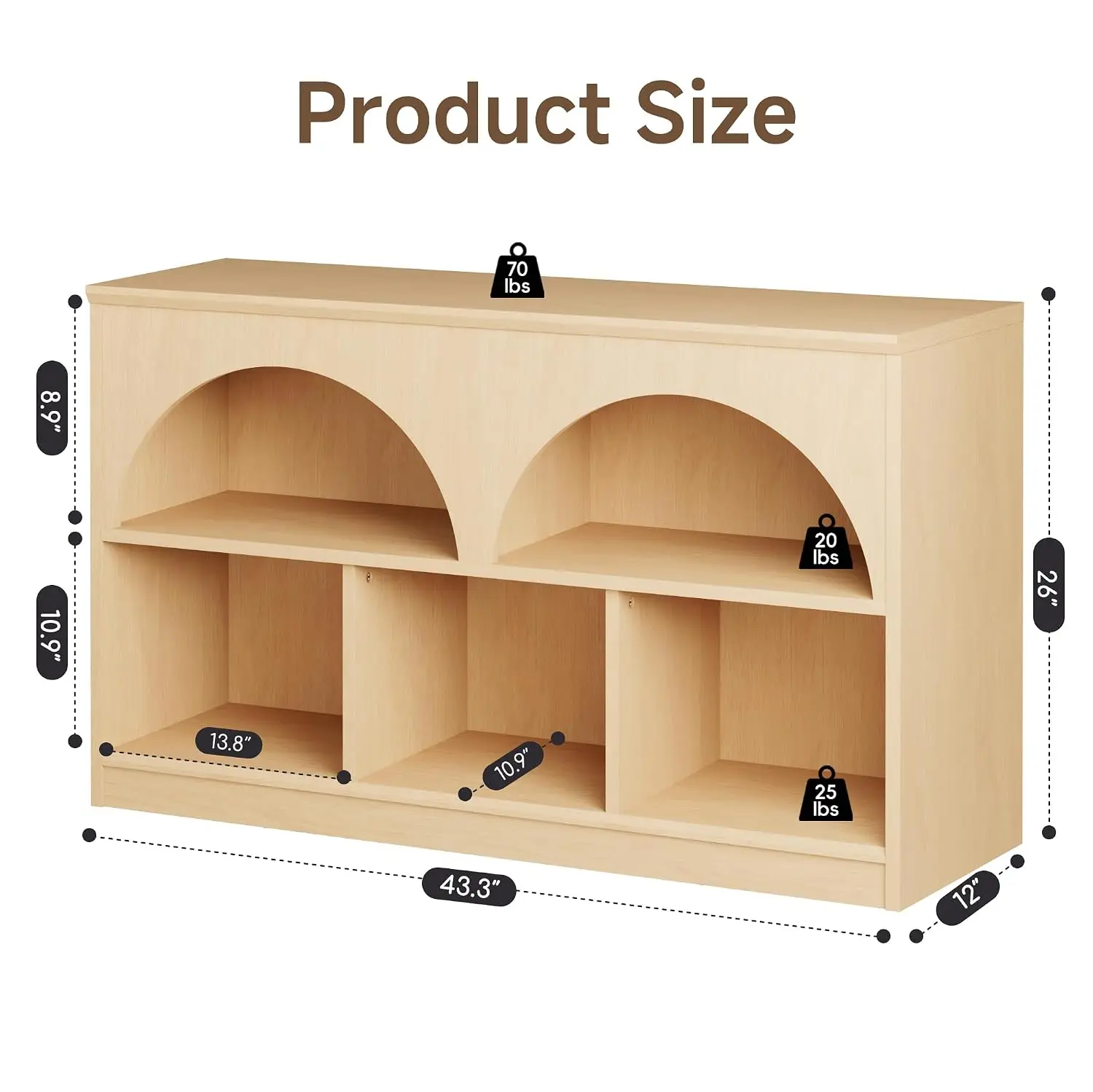Arched 5-Cube Storage Organizer 2-Tier Wood Bookshelf With Curved Frame For Living Room Bedroom Office Natural Wood, Customized