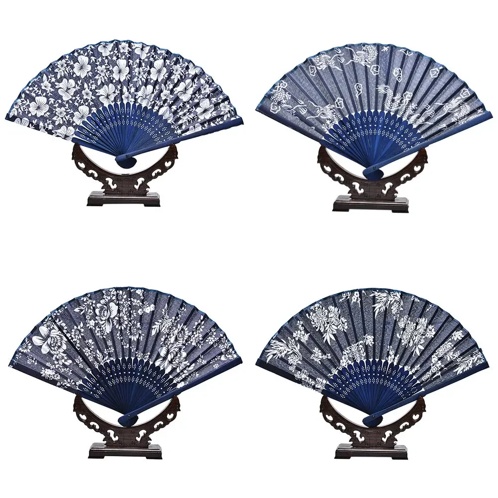 Chinese Style Blue Fabric Hand Folding Fan Cool Summer Classical Flower Design Wedding Party Favor Decor Batik Blue Flower Fan