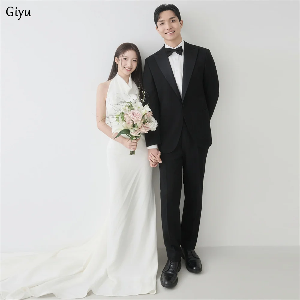 Giyu Classic Halter Mermaid Trumpet Korea Wedding Dress Photo Shoot Sweep Train Bridal Gown Customized Backless Pretty Bride