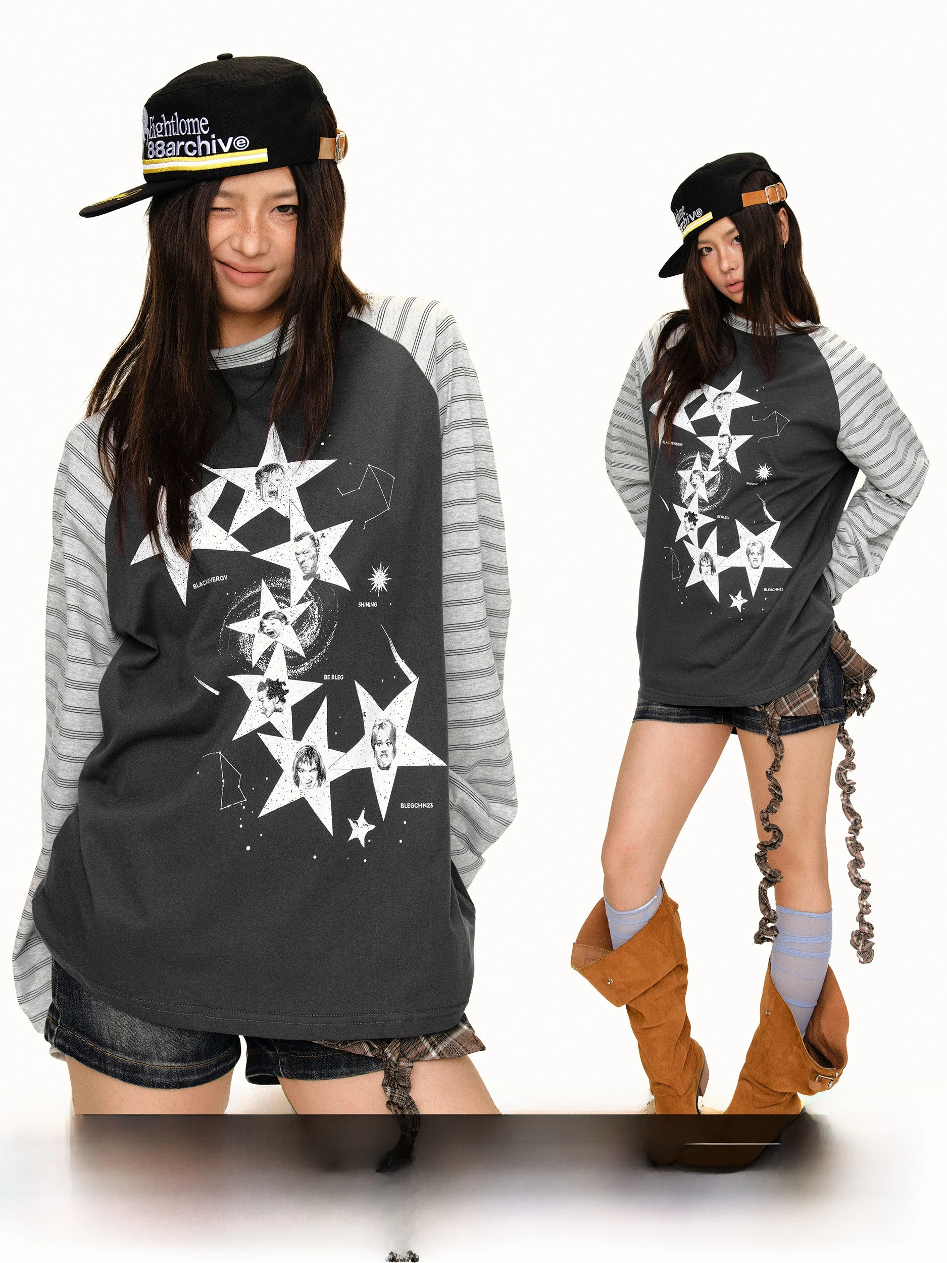 Retro Star Portrait Striped Color Block Long Sleeve T-Shirt Women Early Autumn Loose Casual Top Trendy Cotton Polyester Blend