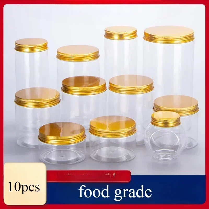 10pcs Aluminum Gold Cap PET Food Grade Plastic Packing Bottles Snacks Honey Candies Sealed Jar Circular Transparent Food Bucket