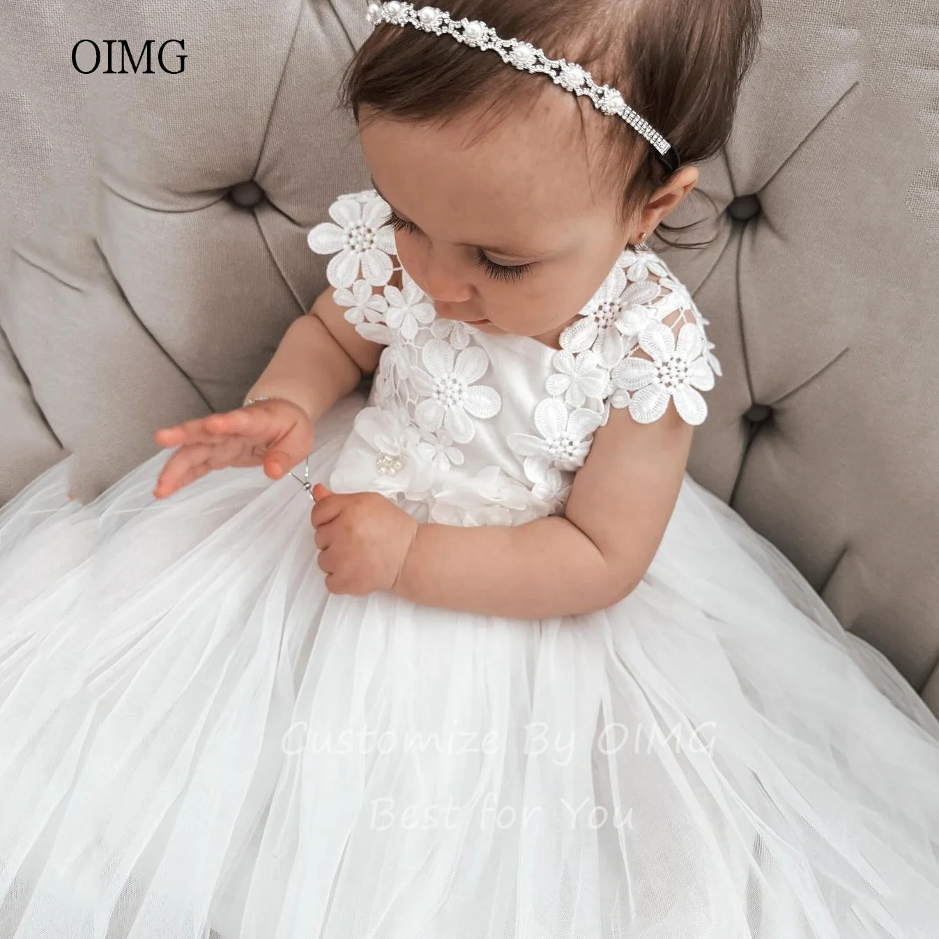 OIMG น่ารัก Ivory A-Line ชุดเดรสดอกไม้แขนกุด Applique ชุดแต่งงานชุดเจ้าหญิง Tulle ชุดวันเกิดที่กําหนดเอง