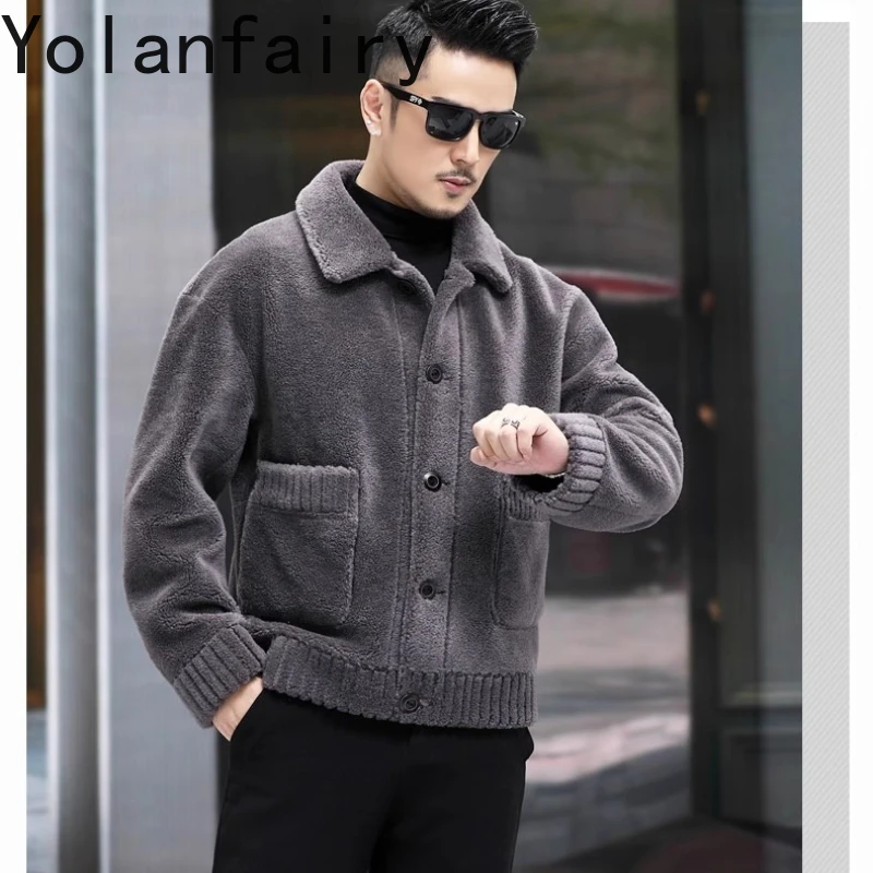 YOLANFAIRY 100% Wool Coats for Men 2025 Winter Double-sided Wear Men's Short Sheep Shearing Jacket Granular Lamb Wool Fur Coat