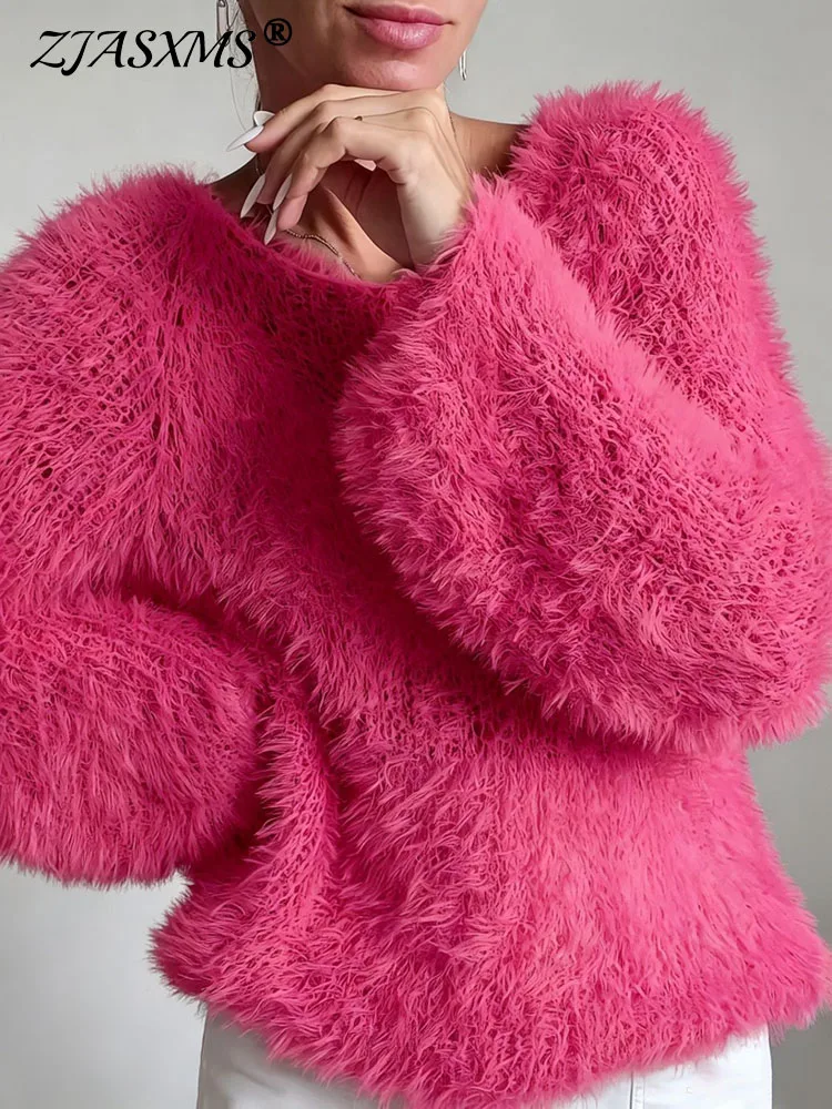 Women Soft Fluffy Fuzzy Knit Sweaters Round Neck Solid Long Sleeve Plush Pullovers Casual Fall Winter Warm Daily Streetwear Tops