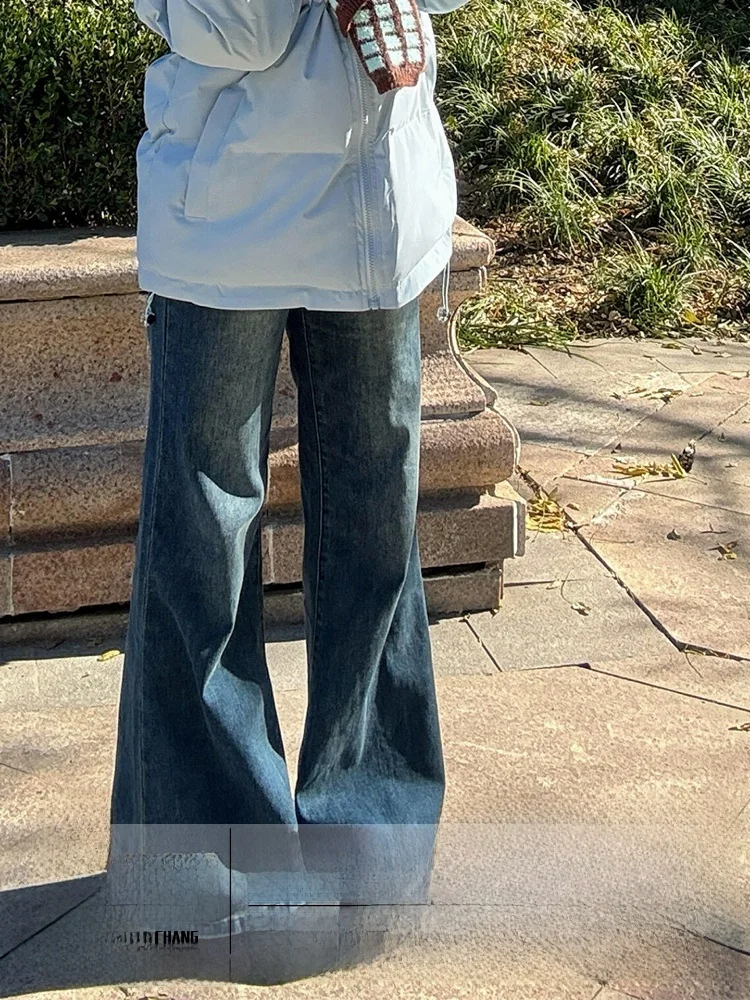 

Синие расклешенные джинсы в стиле ретро в американском стиле High Street, женские осенне-зимние новые длинные брюки с драпировкой и копытами