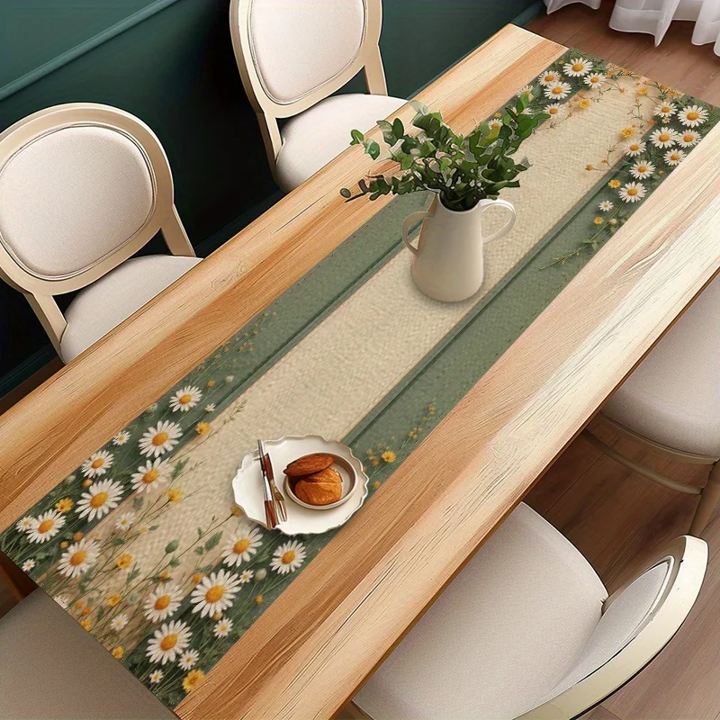 1 unidad de camino de mesa con estampado de margaritas primaverales, camino de mesa de lino con estampado 2D, decoración rústica fresca para el brunch de Pascua, reuniones familiares y K