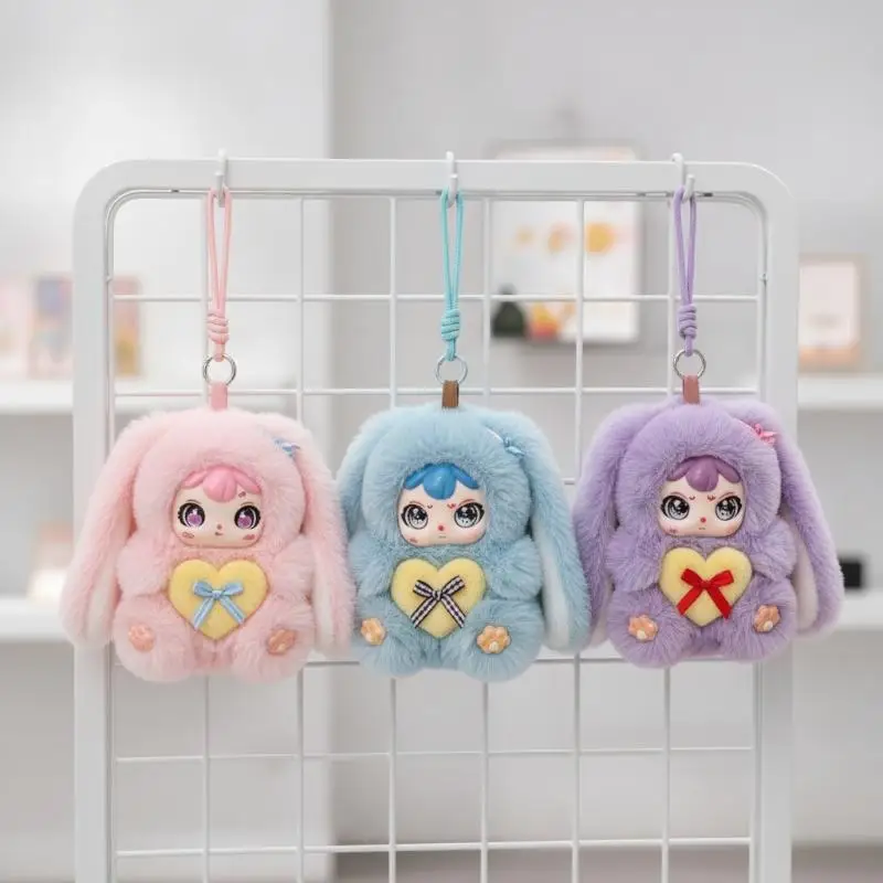 Cute Rabbit Vinyl Doll Keychain Soft Fluffy Long Ear Bunny Plush Pendant for Bag Decor Party Favor