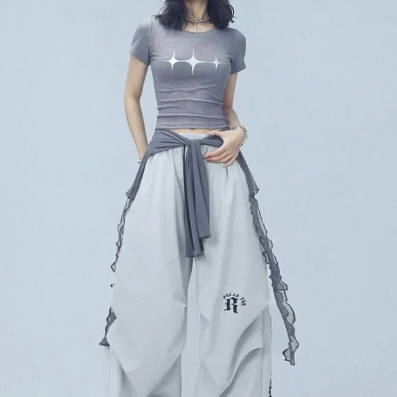 

Cool Jazz Dance Long Sve Netting Tulle Trim Bunting Skirt Waist Tie Top Women's Summer Faion Loose Fit T-irt