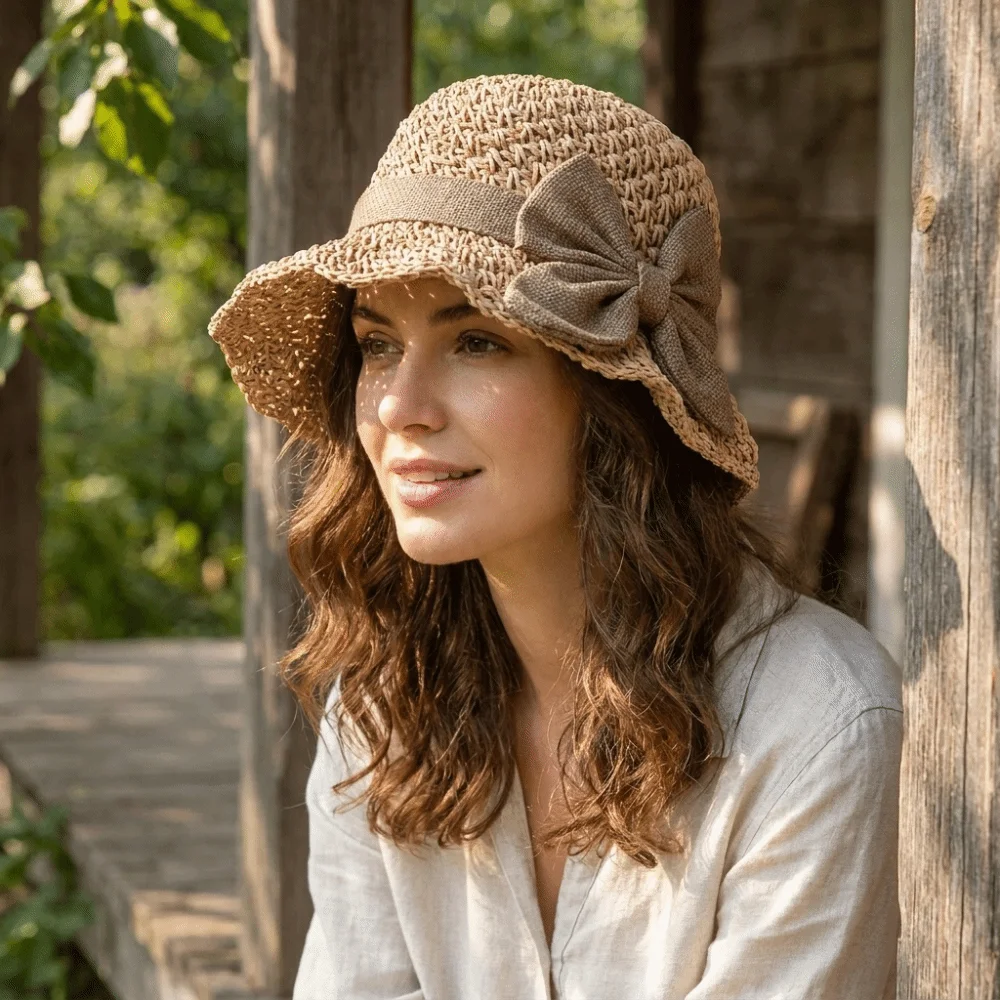 

French Style Wide Brim Beach Straw Hat Bowknot Sunscreen Sunshade Bucket Hat Braided UV Protection Panama Hat Daily