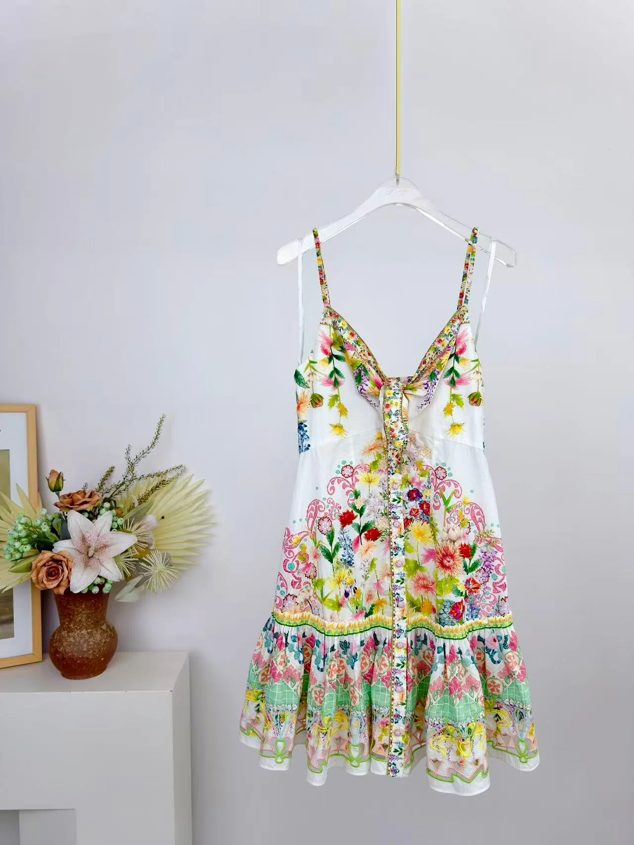 2026 Damen Blumenprint Trägerkleid mit Kristallperlen, V-Ausschnitt, ärmellos, hohe Taille, einreihig, modisch, 100% Baumwolle, Minikleid