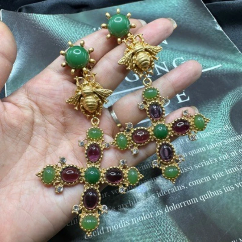 new-trend-retro-literary-niche-design-bee-cross-purple-glass-green-stone-shoulder-earrings