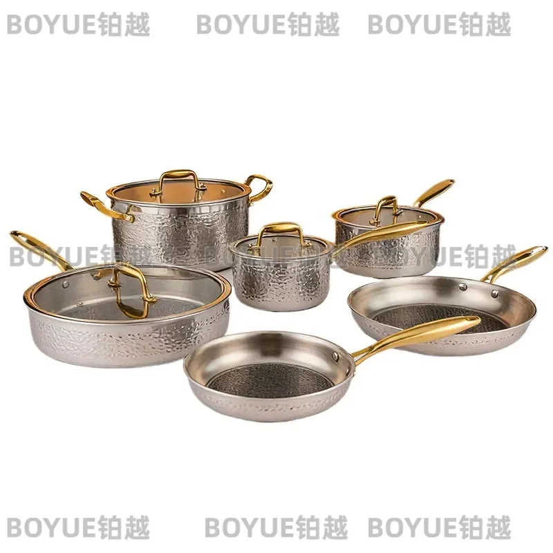 Luxury 3 Layer Composite Steel Cookware Set Hammered Finish Induction Gas Compatible Pots Pans Gift Collection