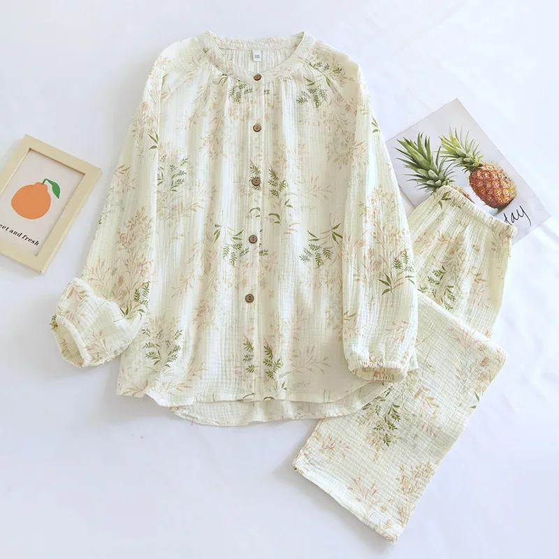 2025 nuevo conjunto de pijama de primavera y otoño para mujer, 100% de algodón con estampado de crepé, pantalones de manga larga, traje para casa de