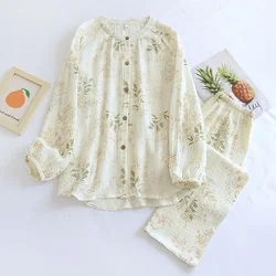 2026 New Spring and Autumn Women's Pajama Set 100%Cotton Crepe Long Sleeve Long Pants Two Piece Set Stand up Collar Home Clothes