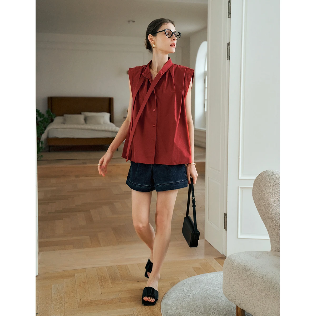 OLrain Women Summer Red Shirts 2025 Woman Elegant Stand Up Bow Neck Short Sleeve Commuter Lady Tops Female Clothing O57XC92393