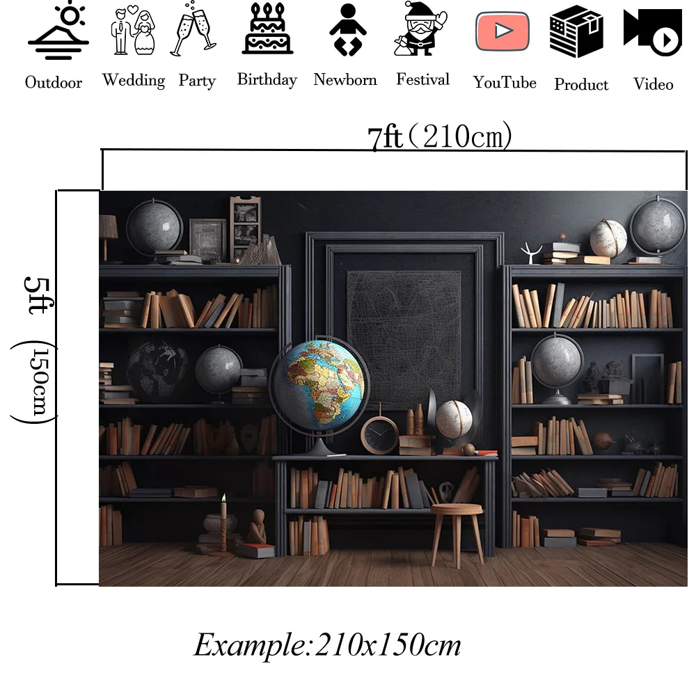 Retro Study Bookcase Decor Interior Background Globe Back to School Photography Backdrop Props Studio Kid Portrait Photocall