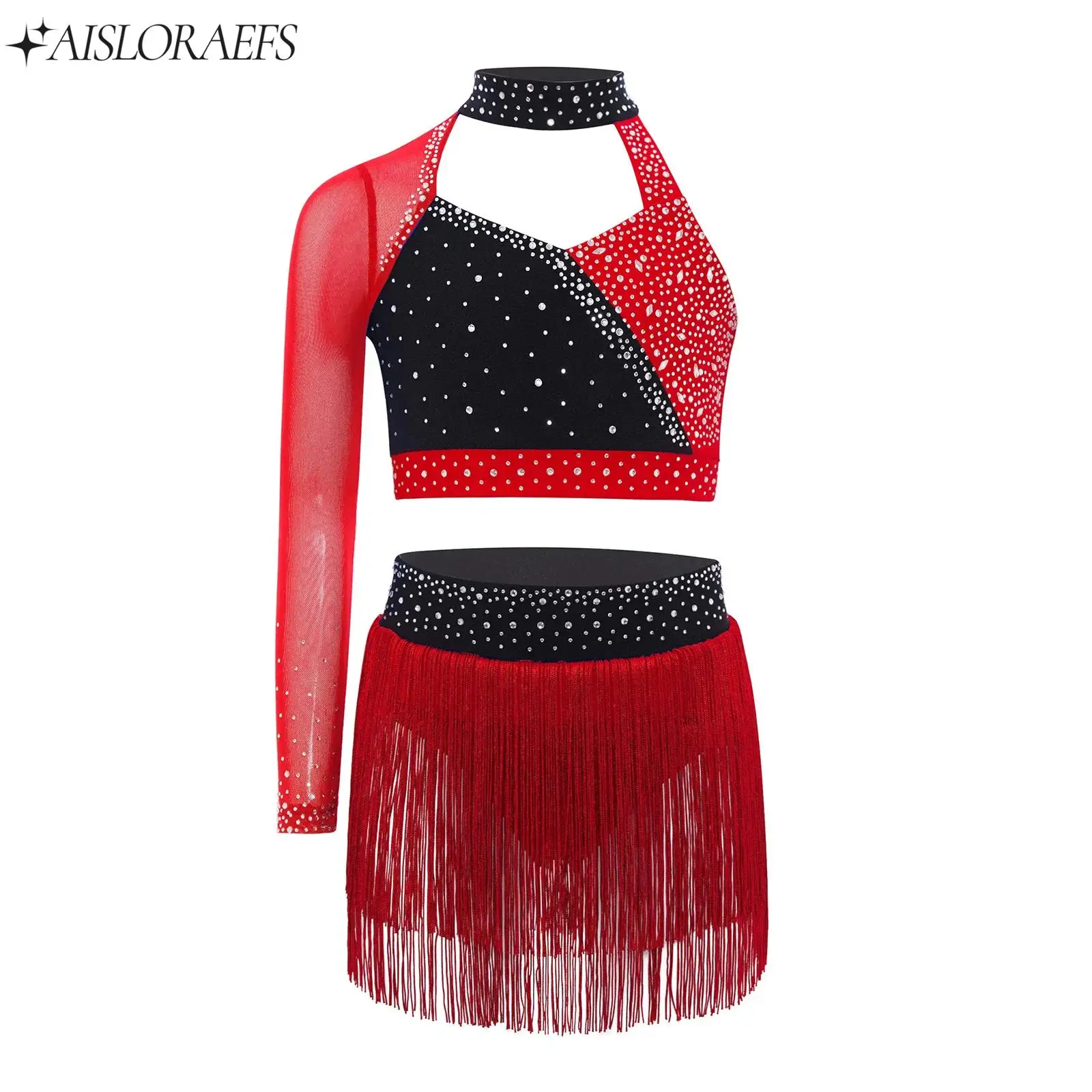 

Kids Girls Latin Dance Cha-cha Samba Salsa Costume One Shoulder Crop Top+Briefs Skirt Sets for Stage Performance School Show