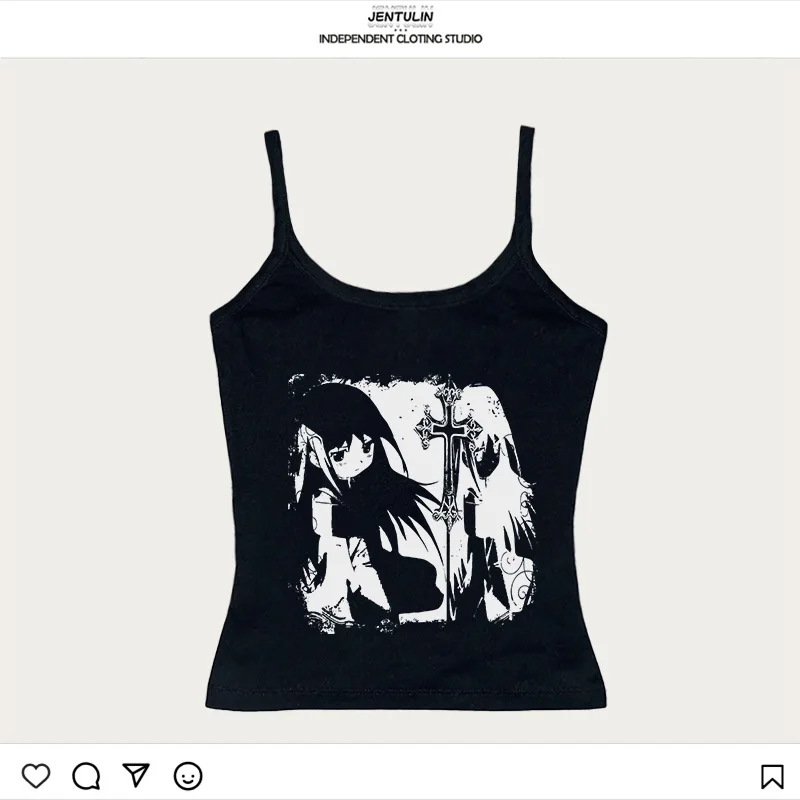 Ästhetische Gothic Punk Anime Grafik Druck Baby T-Shirts Sommer Harajuku ärmellose schlanke Camis Emo Mädchen Crop Tops 2000er Jahre Y2k Kleidung