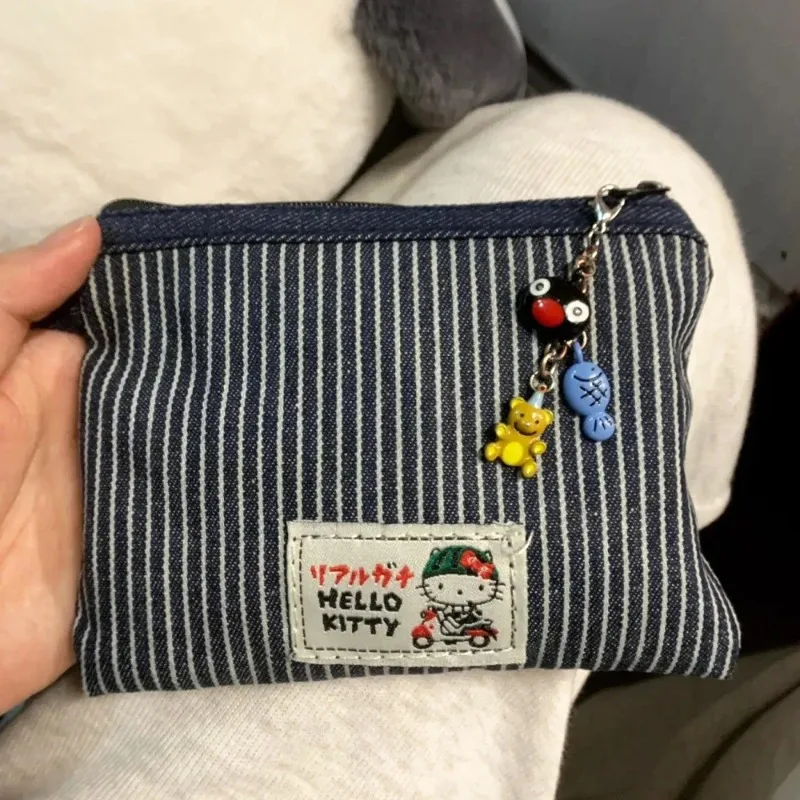 헬로 키티 동전 가방 카와이 데님 보관 가방 애니메이션 립스틱 헤드폰 가방 휴대용 레트로 다용도 보관 가방 소녀 선물