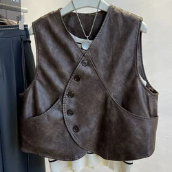Leather  women's short style 2024 autumn outfit new Korean  retro button design sense motorcycle suit PU leather vest jacket