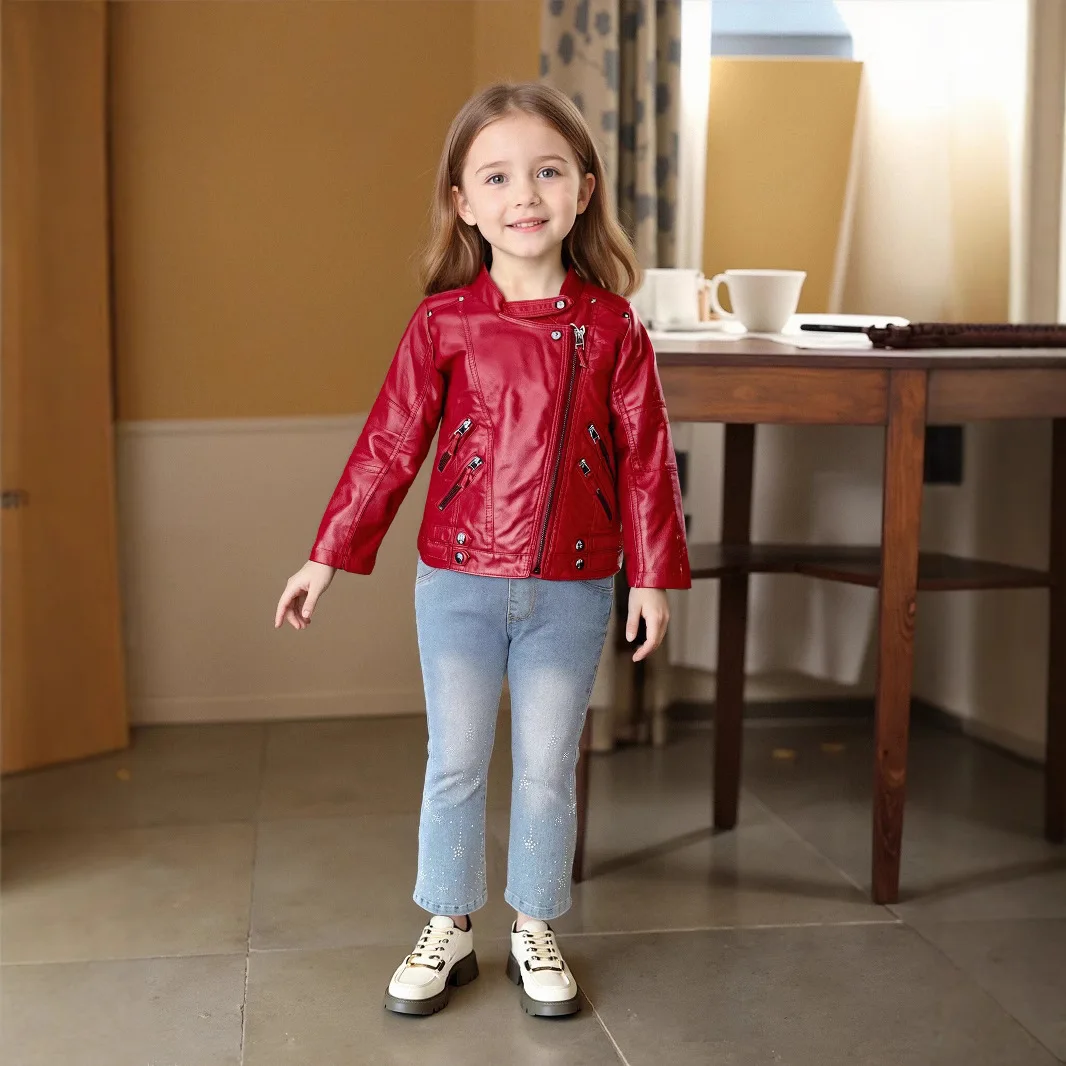 Teen Kids Street Photography Wear 2-12Y Girls Christmas Pink Red Motorcycle Pu Leather Jacket Children Waterproof Windproof Coat