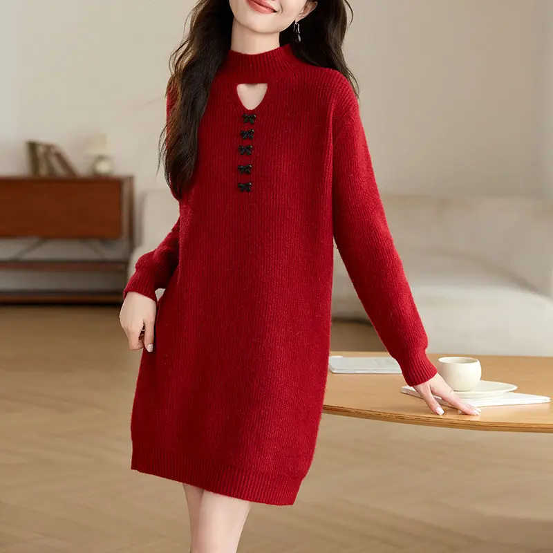 

Half Turtleneck Warm Knitwear Woman Clothes Elegant Slim Pullover Sweater Spring Autumn Short Dress Winter Basic Wear Jumper