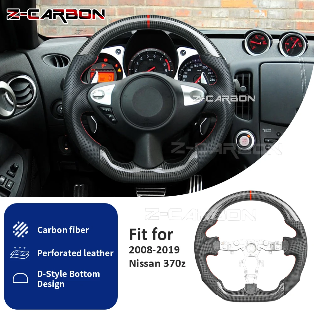 

Real Carbon Fiber Steering Wheel For Nissan 370z Nismo Z34 2009-2021 Perforated Leather Sport Steering Wheel D-Shape Flat Bottom