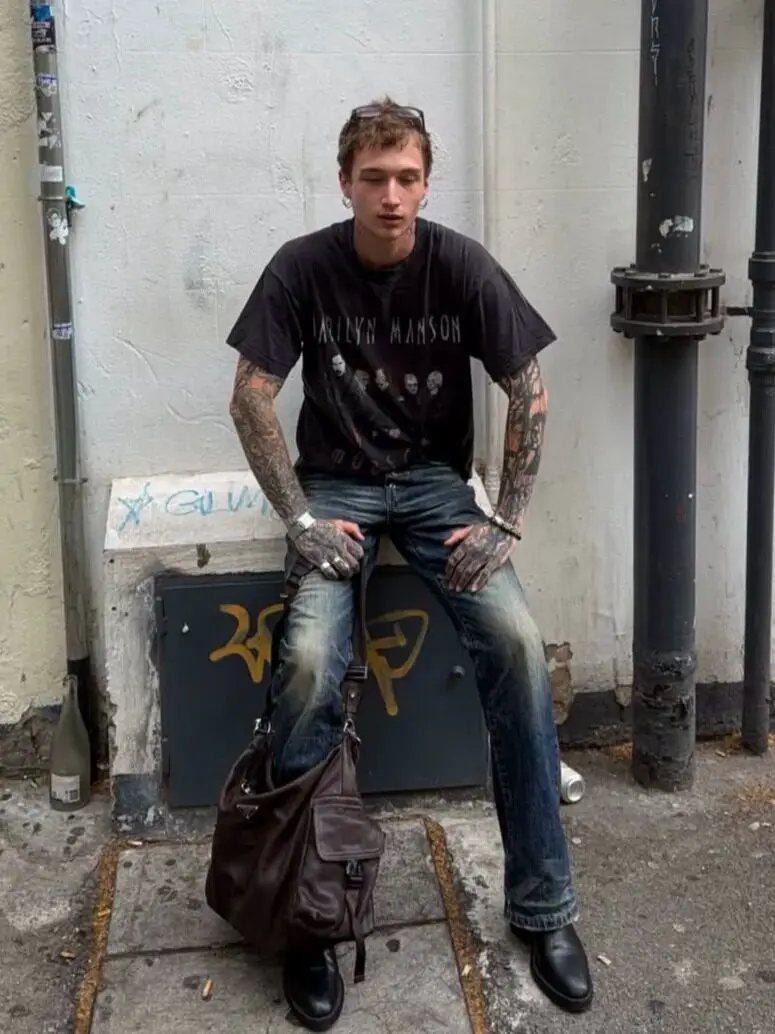No faith breasted cat whisker pleated indigo red ears red brim jeans bootcut