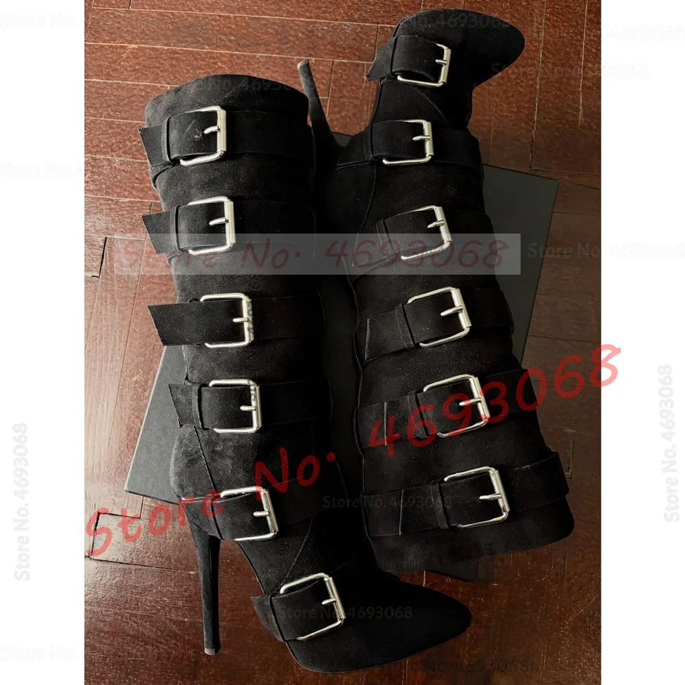 Black Suede Round Toe Below The Knee Boots Women Multi Buckle Straps Stiletto High Heels Luxury Back Zipper Patchwork Chic Boots