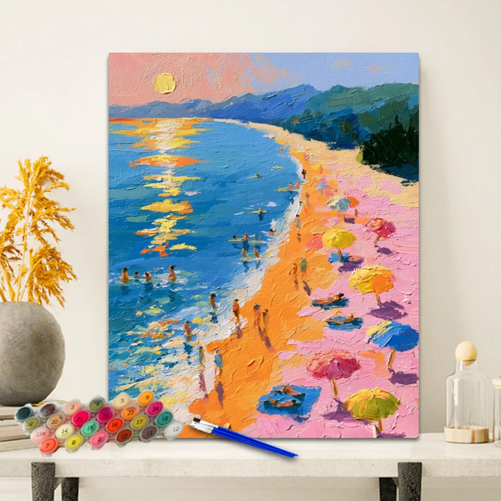 DIY Paint By Numbers Kit  Colorful Beach Time  Acrylic Canvas Digital Painting Wall Art Home Decor Anniversary Gift