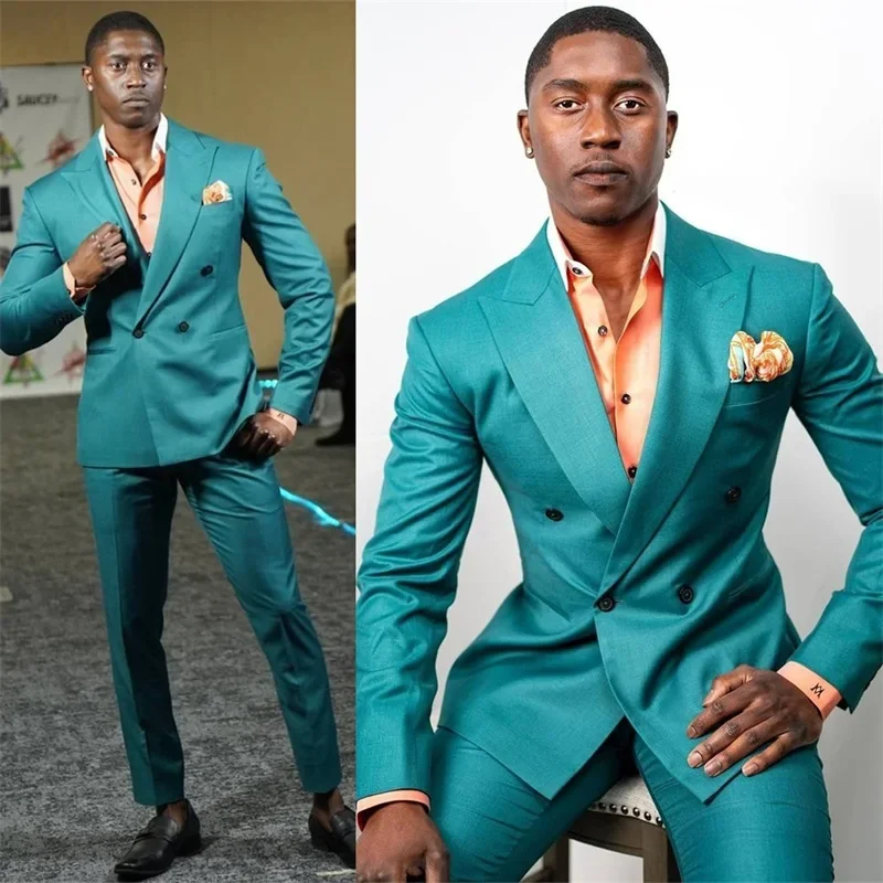 2-piece  2024 New Fashion Tiffany Blue Men Pants Suits Set Classic Fit Groom Prom Party Blazer Wedding  Custom Made ( Jacket+Pan