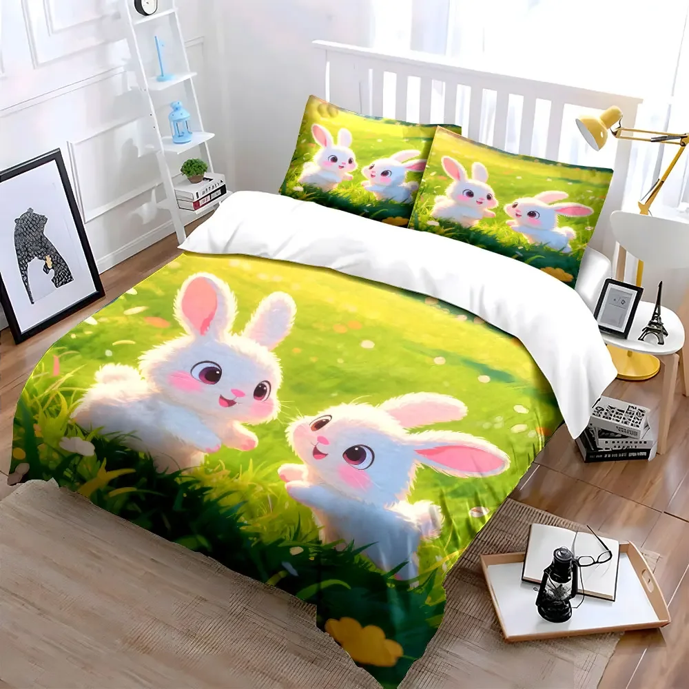 Cute Rabbit Trio Decoration Set Soft Comfortable Duvet Cover Bedding Set Included 1*Duvet Cover & 2*Pillowcases, gift