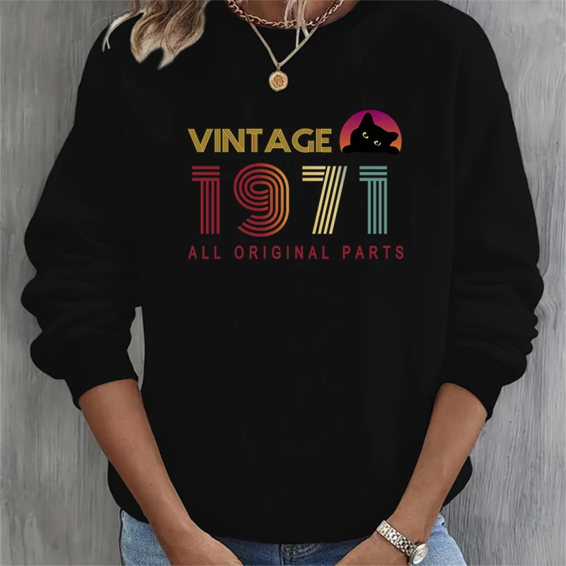 Harajuku Fashion Vintage 1974 Yearts Print Black Cats Sweatshirt Long Sleeve Women Tracksuit Casual Loose Birthday Yearts Hoodie