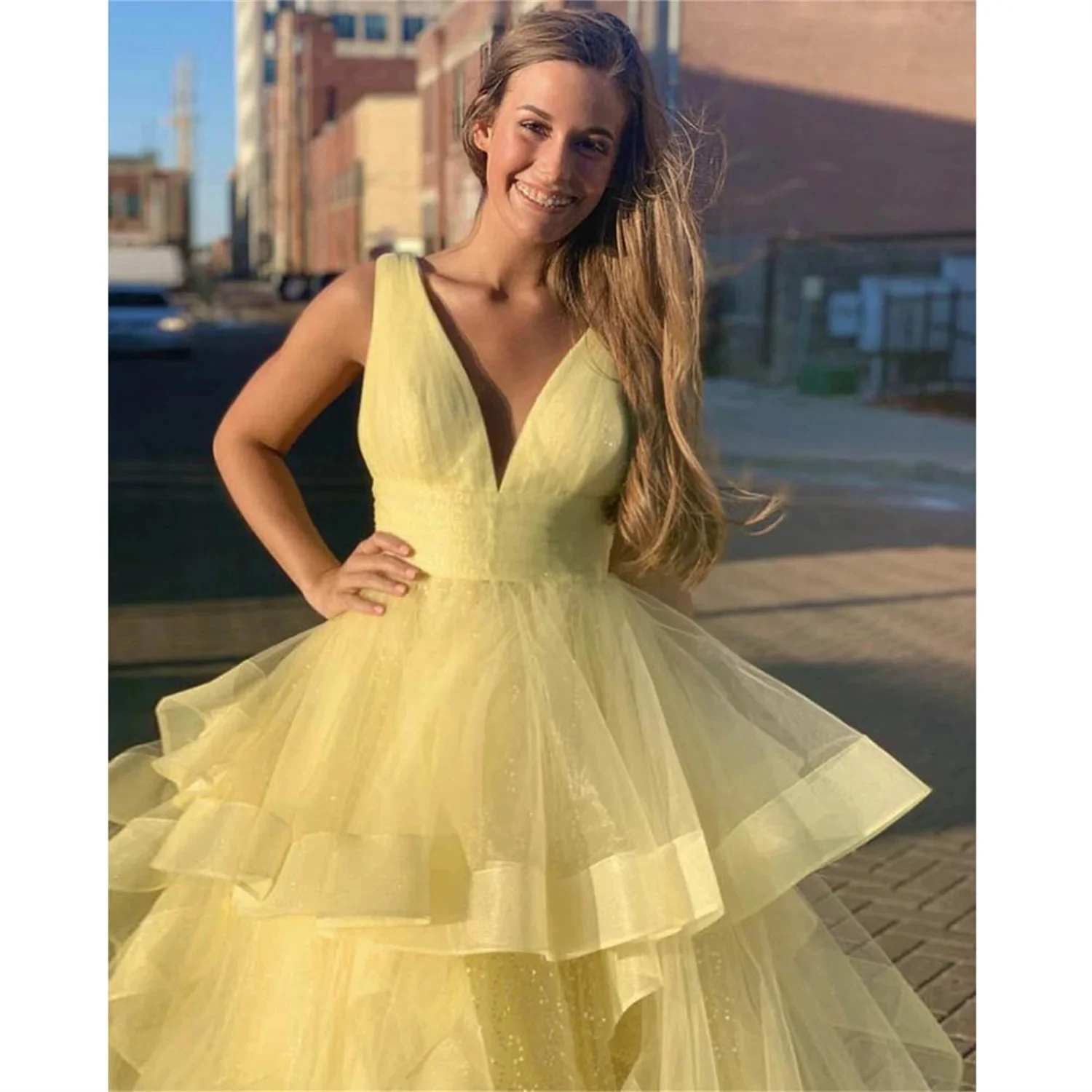 

Yellow Tulle Prom Dress for Women Formal Occasion Dresses Deep V-neck Elegant Gowns Ball Gown New in Dresses Robe 2024 CL-681