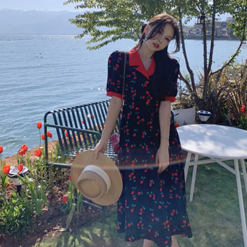 Summer New Sweetheart Cherry Puff Sleeve Dress Women Vintage  Black High Waist Contrast Color Short Sleeve Elegant Party Dress