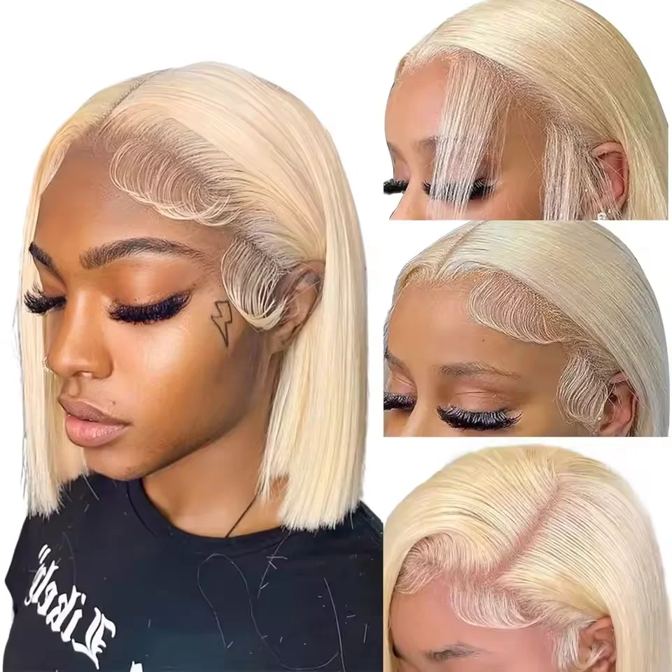 

Peruvian 613 Blonde Short Bob Wig 4x4 Transparent Lace Closure 100 Human Hair Wigs Straight 13X4 HD Lace Frontal Wig For Women