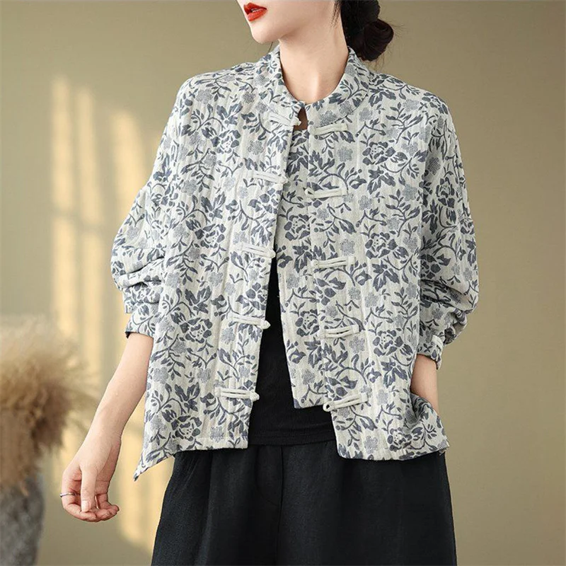 Spring Autumn Short Casual Jacket 2024 New Loose Coil Buckle Women's Clothes Coat Fashion Chinoiserie Printing Female Blouse