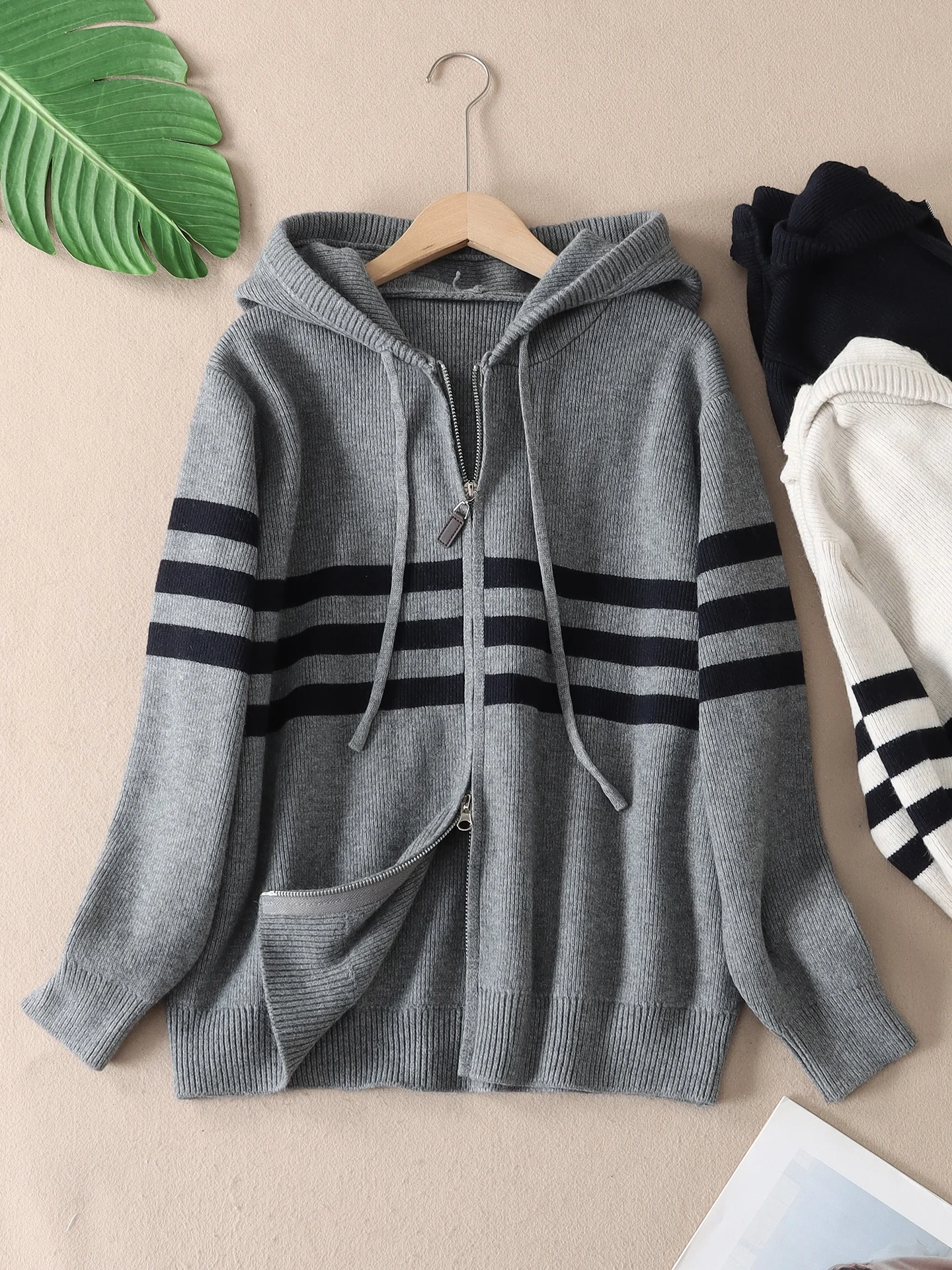 

Korean Sle Lazy Hooded Striped Knit Sweater Coat Women's Loose Velvet Yarn Open Cardigan Autumn Winter Warm Faion