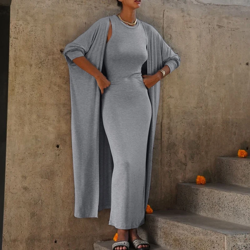 

Home Clothes Casual Two Pieces Set Slim Fit Long Sleeve Robe High Waist O-Neck Tank Maxi Dress and Overcoat Suits Women Outfits