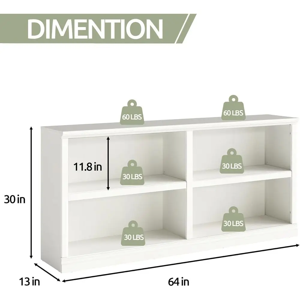 blini White Bookshel Double Wide 64“ 2-Tier Bookcase 4 Cube Storage Organizer Wooden Bookcases or Bedroom and Home Oice Decor Di