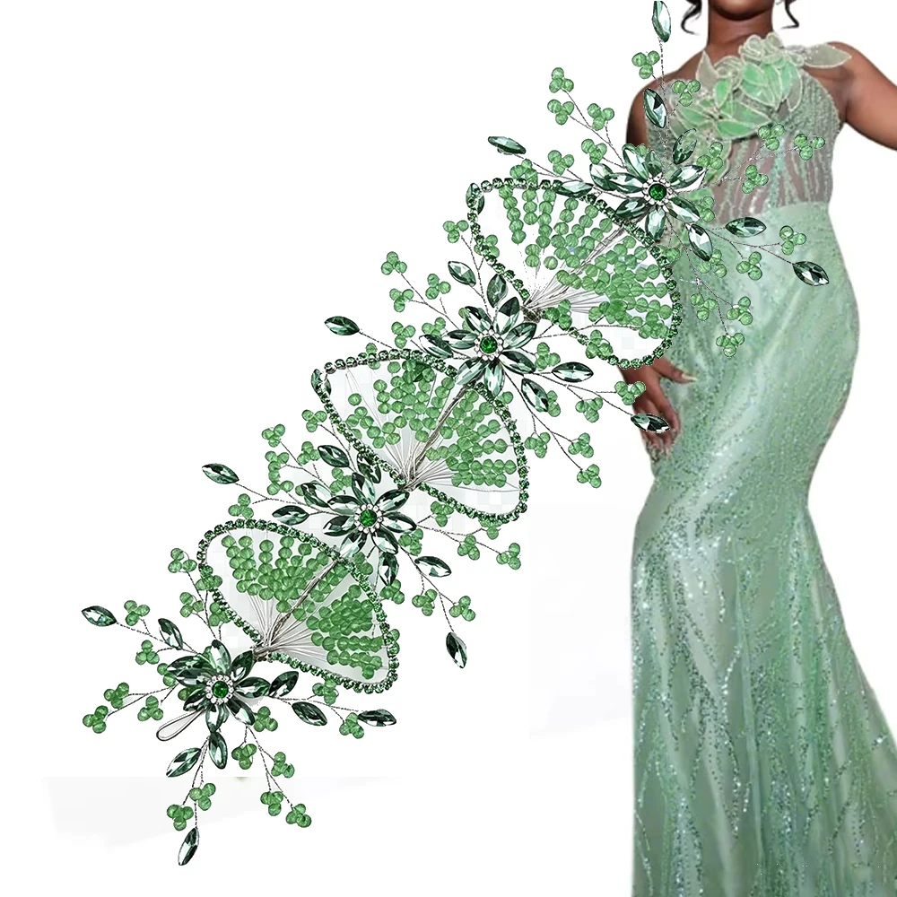 DZ358 Handmade Crystal Beads 3D Patch Rhinestone Silver 3D Leaf Applique for Bride Prom Dress 3D Ornate Bridal Fan Applique